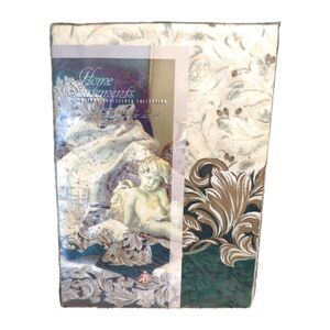 Vintage JC Penny Square Tablecloth 52" Green Gold Leaf Beige Elegant Cotton
